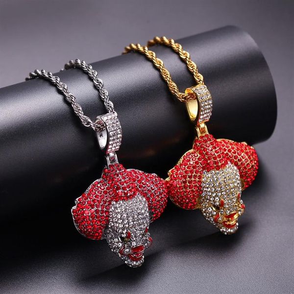 Nova moda hip hop bling vermelho e branco cheio de diamante palhaço pingente colar ouro e prata corrente rapper jóias presentes para m344o