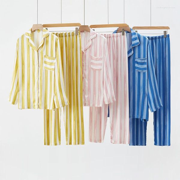 Pijamas femininos listrados estampados multicoloridos calças de algodão opcionais terno para casais masculinos e soltos roupas de pijama de manga comprida