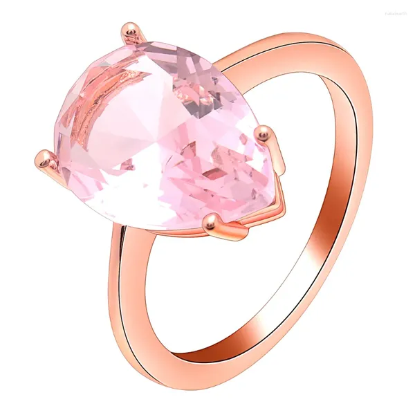 Mit seitlichen Steinen 2023 Romantische Rose Gold Farbe Ringe Mode Hochzeit Rosa Cz Zirkon Schmuck Natürlichen Wassertropfen Kristall Für Frauen Geschenk