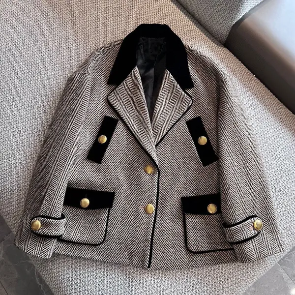 G245 Kadınlar Sonbahar Yüksek Kaliteli Yün Blazer Vintage İngiltere Tarzı Bulaşma Kaynağı Desen Şık Cepleri Ceket Tek Göğüslü Yakıt Ceket