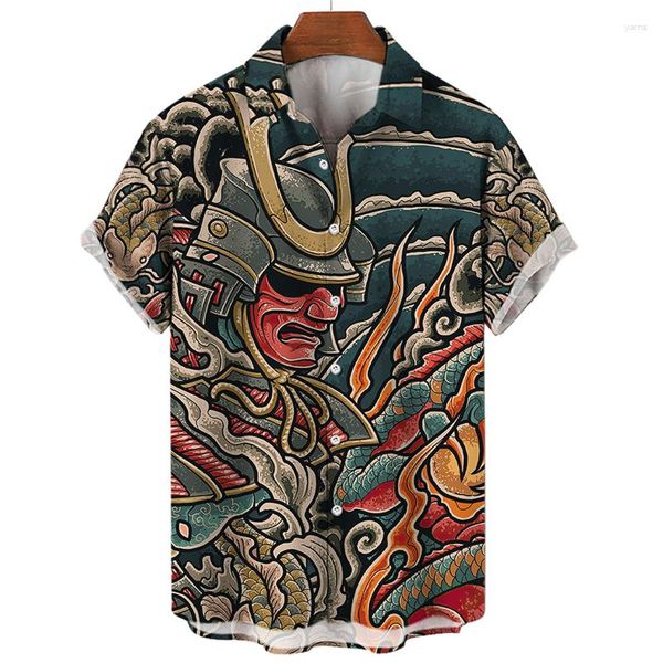Мужские повседневные рубашки 2023y2k, винтажная японская рубашка с самурайским принтом, модная уличная футболка в стиле хип-хоп с короткими рукавами, одежда на пуговицах большого размера