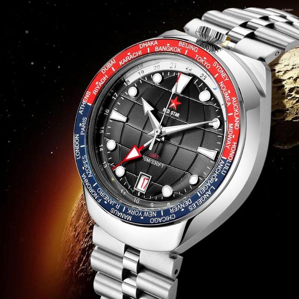 Armbanduhren Red Star Super Luminous GMT Mechanische Uhren für NH34 Automatikwerk 100m Tauchen Bull-Head Marke Herren
