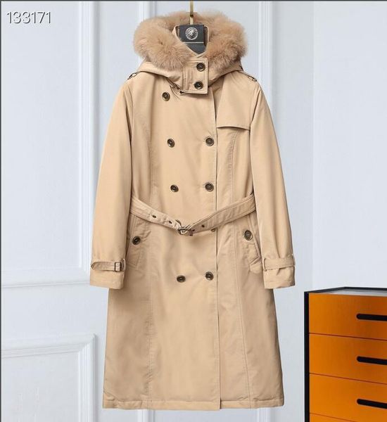 НОВОЕ ПОСТУПЛЕНИЕ! Женское английское зимнее теплое белое гусиное пуховое пальто / брендовый дизайн отличного качества, двубортное длинное стильное пуховое пальто / толстое пальто с мехом B133168F750, размер S-XL