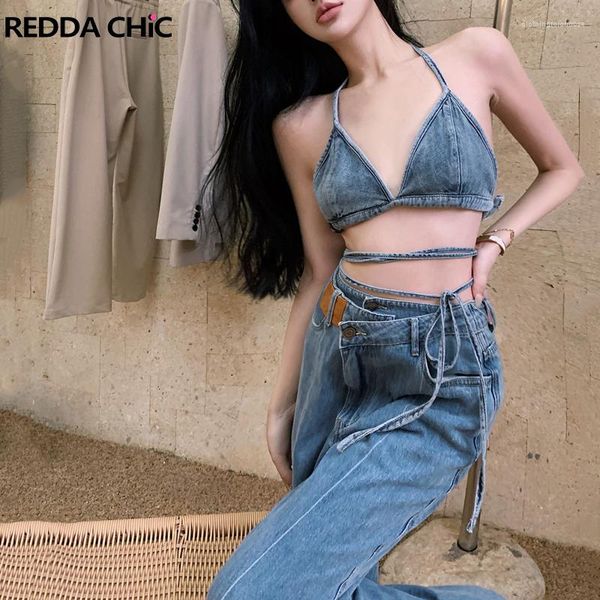 Kadın Tankları Reddacic Halter Bandage Sutyen Üst Sırtsız Denim V-yaka Bikini Yaz Bağları Seksi Y2K Beachwear 2023 Koreli Kadın Giysileri