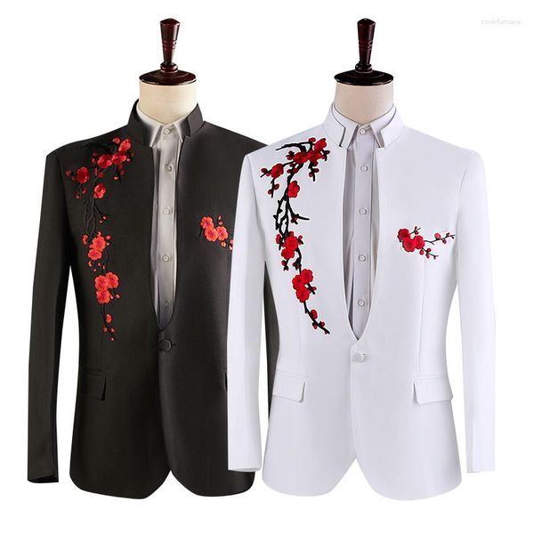 Herrenanzüge Stickerei 2 Stück Traditionelle chinesische Kleidung Bühne Gastgeber Hochzeit Bräutigam Leistung Männliche Blazer Jacke Hose