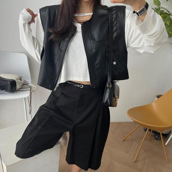 Jaquetas femininas moda coreana pu colete de couro casaco feminino clipe de vento neutro americano retrô preto jaqueta de motocicleta