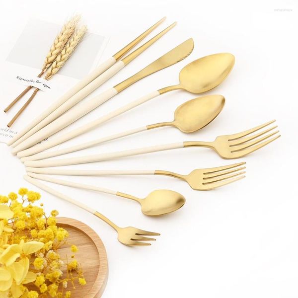 Set di stoviglie Set di stoviglie in oro beige Argenteria in acciaio inossidabile 304 Coltello Torta Forchetta Cucchiaio Bacchette Posate Posate da cucina