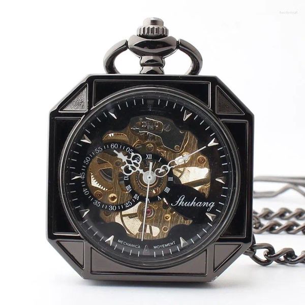 Taschenuhren 20 teile/los Vintage Schwarz Höhlte Flip Mechanische Uhr Skeleton männer Geschenk Mit Kette Großhandel