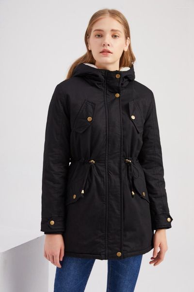 Женские плащи 2023, женская флисовая стеганая куртка на подкладке, зимняя черная, красная теплая пуховая куртка на молнии с длинными рукавами на талии и шнуровкой с капюшоном