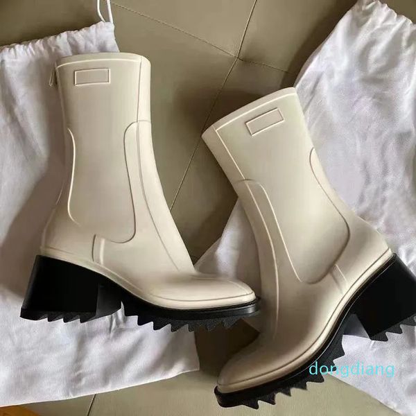 Scarpe mezze stivaletti da donna di design di lusso Scarpe invernali con tacco grosso e punta quadrata Scarpe da pioggia Stivali da pioggia Zip Donna Bottino a metà polpaccio