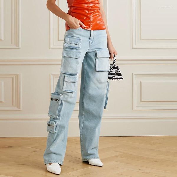 Jeans da donna azzurro multitasche cargo donna autunno retrò pantaloni lunghi in denim pantaloni dritti vestiti a vita bassa in cotone con cerniera da donna