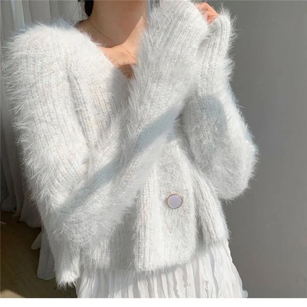 Kadın Sweaters Sonbahar Mink Poleece Ceket Örgü Sweater Yün Dış Aşınma Mor hırka Kadınlar Kısa Stil 231009