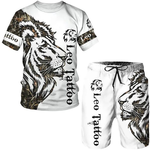 Herren-Trainingsanzüge, Sommer-Herren-Tier-Tattoo-weißes Kurzarm-T-Shirt, The Lion 3D-gedrucktes O-Ausschnitt-T-Shirt, Shorts-Anzug, lässiges Sportbekleidungs-Trainingsanzug-Set 231009