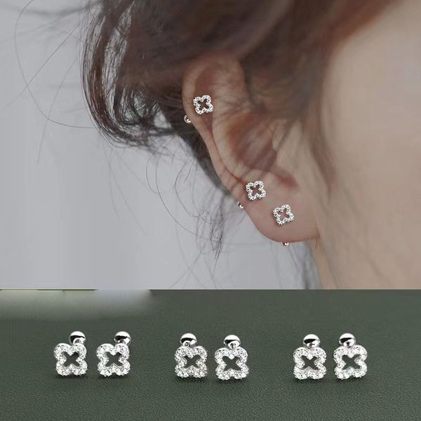 S925 Sterling Silber plattiert Hohlklee Klee Designer Ohrring Ohrstollen leuchten Zirkonkristall Lucky Blumenschraube Rücken Ohrringe Ohren für Frauen Mädchen Schmuck Schmuck