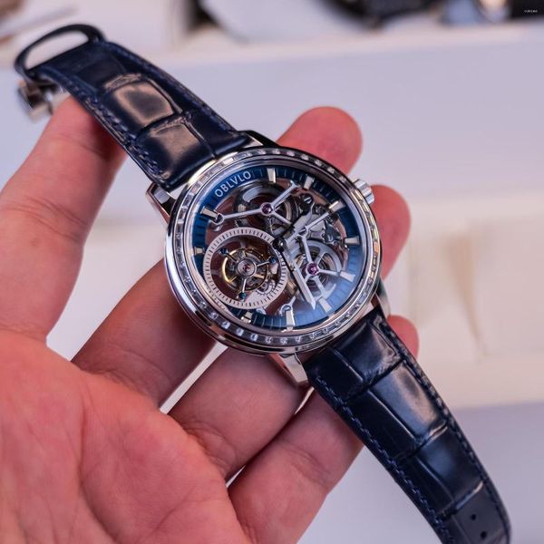 Relógios de pulso oblvlo luxo masculino tourbillon relógios mecânicos designer genuíno couro diamante moldura de aço esqueleto dial manual-vento