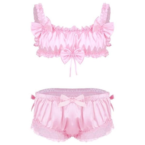 Conjuntos de sutiãs homens sissy crossdressing lingerie erótica conjunto cetim frilly fio-sutiã tops com laço floral hem bowknot briefs underwea211i