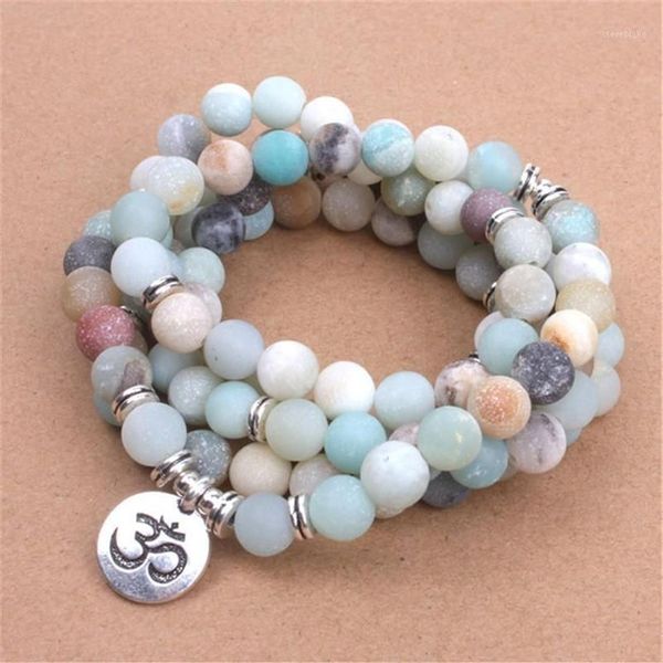 Fili di perline Bracciale da donna alla moda Perline di amazzonite satinate opache con loto OM Buddha Charm Yoga 108 Collana Mala Drop1239h