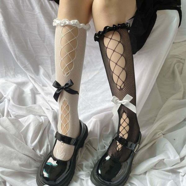 Meias femininas meias japonesas oco sexy lolita fishnet bonito arco malha joelho acessórios de roupas para menina jk