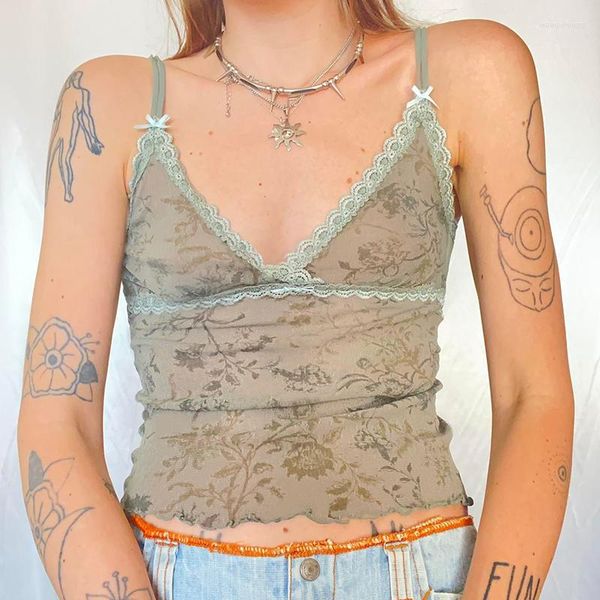 Damen Tanktops Fairy Cottage Indie Grafikdruck Crop Top Spitzenbesatz V-Ausschnitt Spaghettiträger Camis 00er Retro Y2K Ästhetische Grunge Tankweste