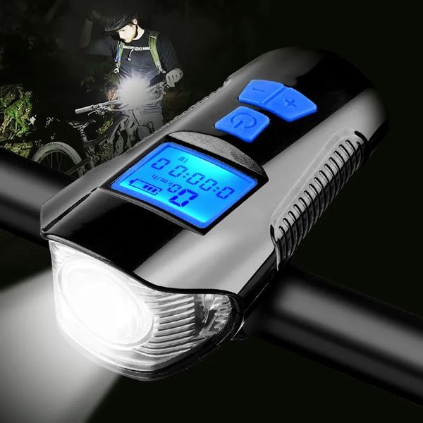 Luci per bici Luce per bicicletta impermeabile Ricarica USB Torcia anteriore Manubrio Testa da ciclismo con misuratore di velocità per clacson Schermo LCD 231009
