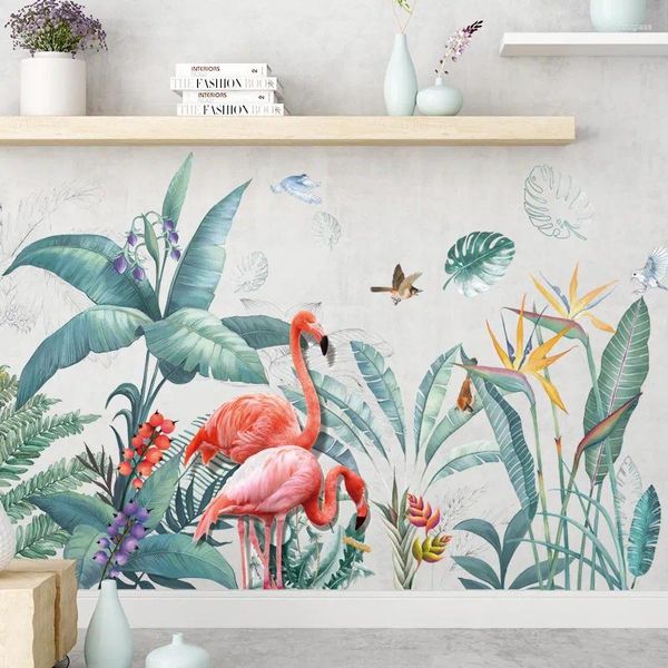 Adesivos de parede Grande Flamingo Grama Sala de estar Quarto Auto-adesivo DIY Decalques de rodapé Decoração de casa no