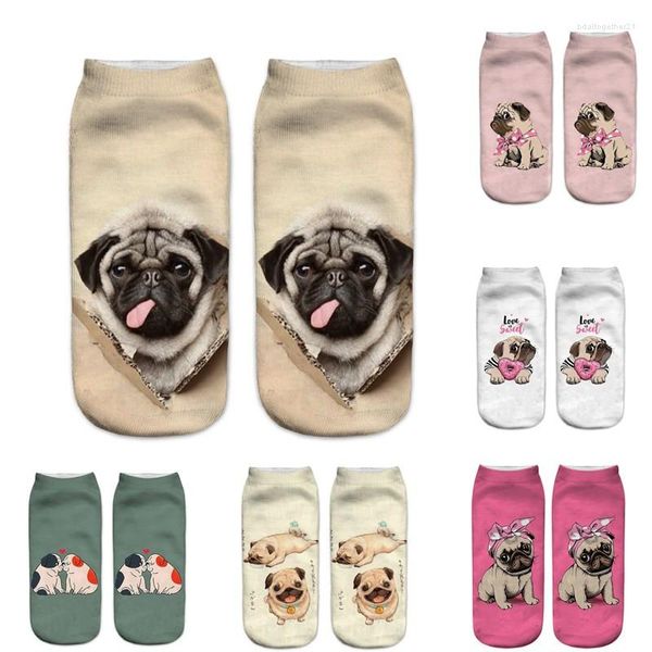 Calzini da donna Carino 3D Pug Dog Stampa Moda Harajuku Hip-hop Morbide pantofole da donna a taglio basso Kawaii con animali Ankel