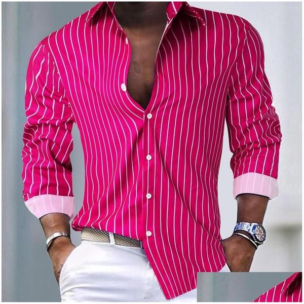 Camicie casual da uomo Camicie casual da uomo Camicia a maniche lunghe a righe per uomo Stile streetwear Abito sociale rosa Abiti maschili Club Party Bu Otszx