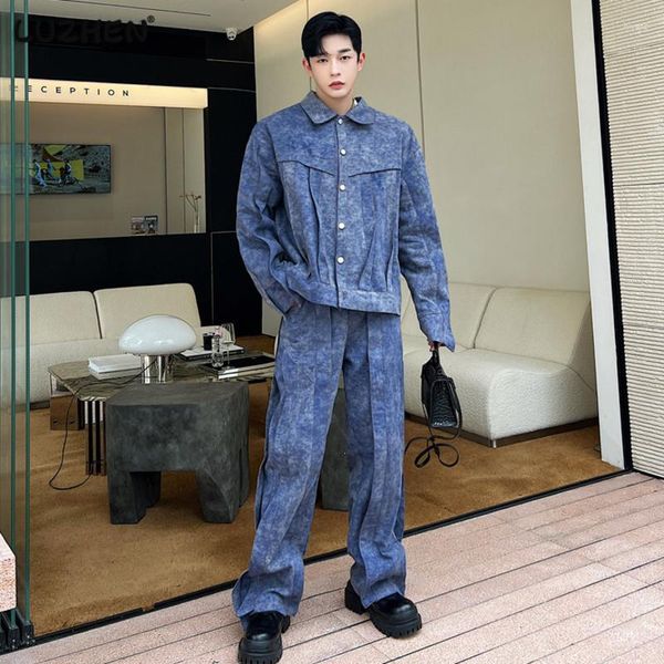 Tute da uomo LUZHEN Set stile coreano Giunzioni tridimensionali Design di nicchia Giacca di jeans Jeans larghi pieghettati belli Due pezzi E5df5d