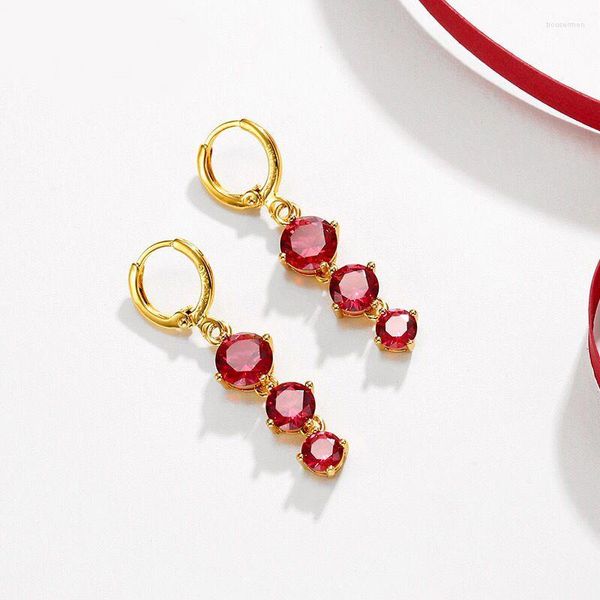 Brincos pendurados MxGxFam Red Zircon Round Drop para mulheres joias da moda 24 K ouro puro cor chumbo e níquel