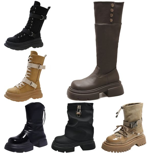 Designer de couro de comprimento médio outono botas de inverno para mulheres marrom preto temperamento de couro empilhado botas personalizadas eur 36-40