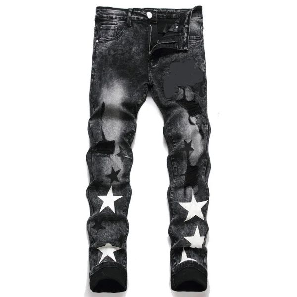 Aimirs Designer Jeans Mens Jeans Com Estrelas Jeans Para Homens Luxery Fit Lápis Calças Bordado Carta Impresso Zipper Fly Jeans Chic Motociclista Denim Rasgado Homem