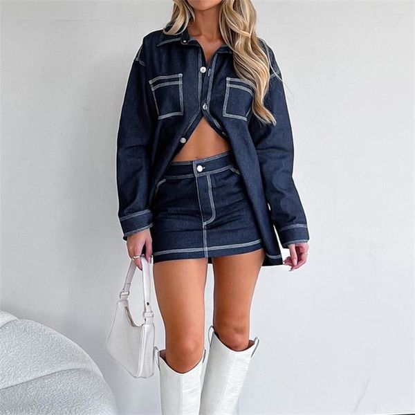 Abiti da lavoro Donna Moda Vintage Casual Denim Set 2023 Camicia a maniche lunghe allentata Camicetta Top Mini Wrap Gonna sexy Club Due pezzi