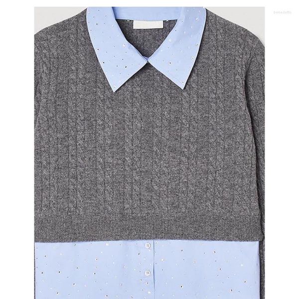 Женские свитера VII 2023, брендовая одежда S, контрастирующие цвета, фальшивые двойки, украшенные бриллиантами, вязаная нижняя рубашка.