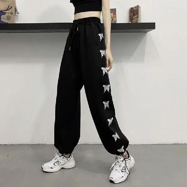 Calças femininas com estampa de borboleta calças cortadas coreano cinza moletom cordão solto bandagem pés oversize jogger gótico