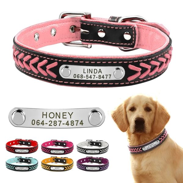 Hundehalsbänder, Leinen, individuelles Lederhalsband, geflochten, plattierter Name für kleine, mittelgroße und große Hunde, personalisierte Gravur auf Haustier-ID-Tags 231009