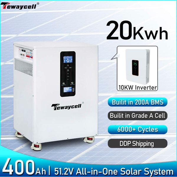 Tewaycell 20kwh tudo em um lifepo4 bateria 10kwh 15kwh 48v 51.2v sistema solar doméstico embutido 10kw inversor móvel ess livre de impostos