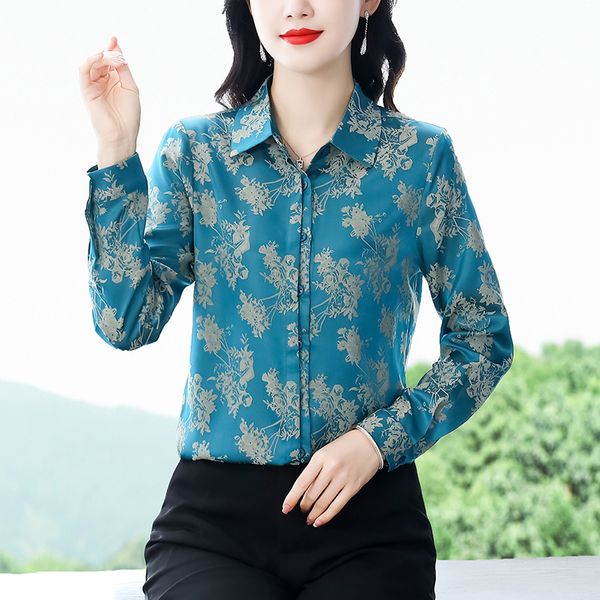 Azul floral Azul elegante blusas de seda cetim de manga longa Camisa de grife gigantes