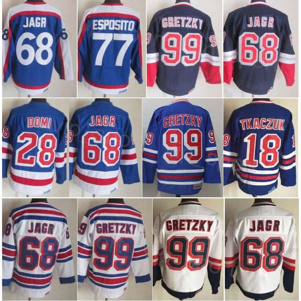 CCM Hockey Retro 28 Tie Domi Jerseys Retire 18 Walt Tkaczuk 99 Wayne Gretzky 68 Jaromir Jagr 77 Phil Esposito 91-92 Vintage Classic 75th Anniversary Sewing Blue White