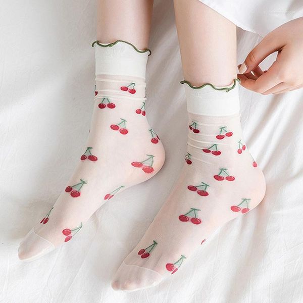 Женские носки в японском стиле, ультратонкие кружевные летние прозрачные носки, повседневные с милым клубничным цветочным принтом и узором