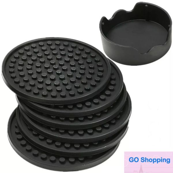 Top 4,3 Zoll 6pcs/Set Black Round Silicon Drink Coasters Cup Matte Cup Copfers Geschirr mit Halter 60pcs