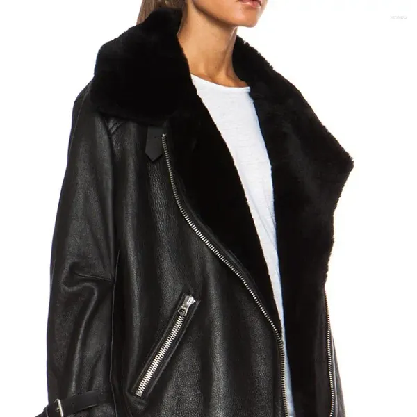 Женская кожаная зимняя куртка из натуральной овчины и меха с поясом, мотоциклетные теплые пальто, женская одежда, тонкие топы большого размера