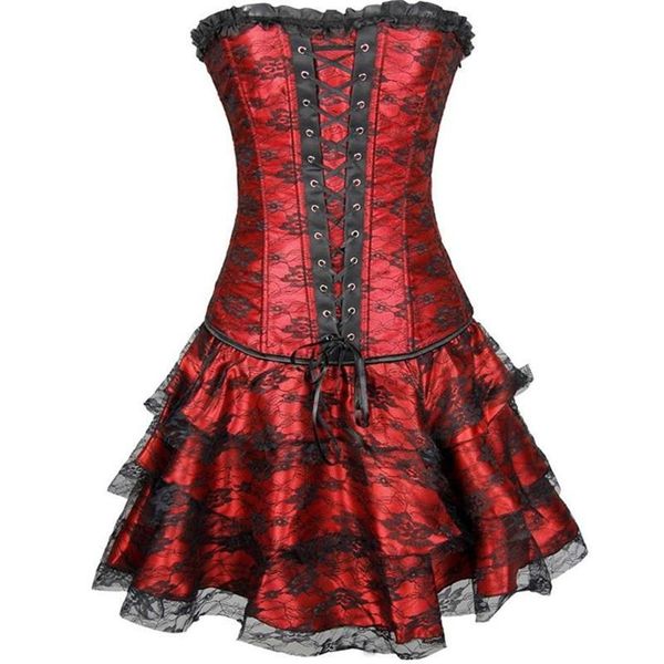 Bustiers Korsetts 2 Stück Set Sexy Kleid Frauen Plus Größe Spitze Kostüm Overbust Burlesque Korsett Rock Viktorianischen Bustier Corselet321I