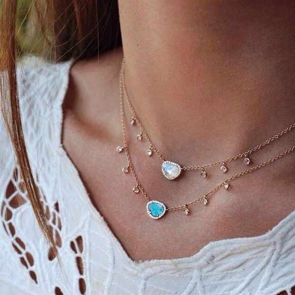 Ketten Mulity Farbe Natürliche Blaue Stein Halsketten Anhänger Bunte Lünette CZ Station Für Frauen Choker Schmuck Bijoux258Z