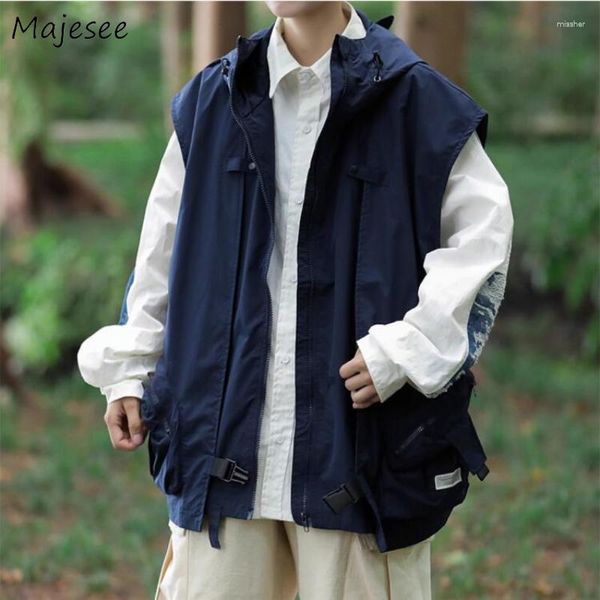 Coletes masculinos Carga Com Capuz Homens Japonês Rua Chic Outono Outwear Moda Casual Casacos Soltos Bolsos Sólidos Zip Up Hip Hop Simples Ly