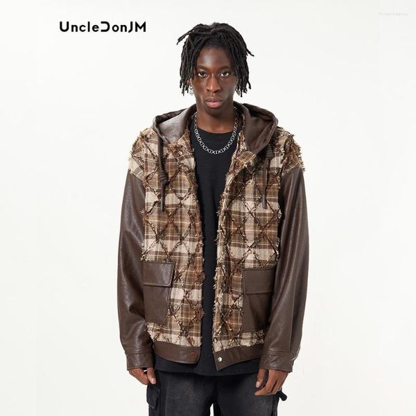 Giacche da uomo UncleDonJM Cappotto con pannelli a contrasto Giacca scozzese con cappuccio con diamanti Hip Hop Distressed per uomo Moto