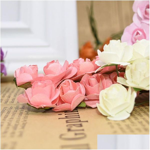 Flores decorativas grinaldas 72/144pcs 2cm mini papel rosa buquê de flores artificiais para decoração de festa de casamento scrapbooking diy cr dh3si