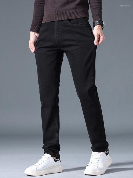 Мужские джинсы 2023, осенние эластичные хлопковые классические черные, синие облегающие прямые джинсовые брюки, повседневные мужские брюки из спандекса