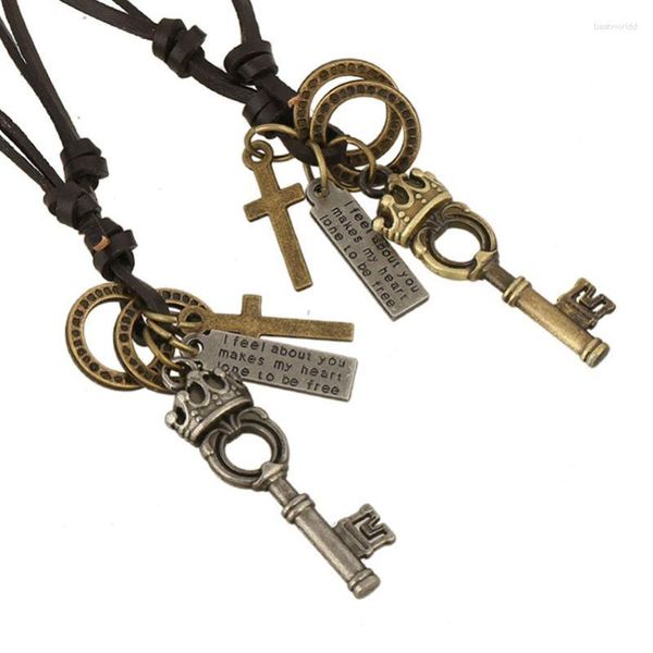 Collane con ciondolo Lega di pelle nera Metallo Boho Gypsy Hippie Punk Mucca Corona Chiave Croce Rotonda Lettera Tag Charms Avvolgi Regola Collana da uomo