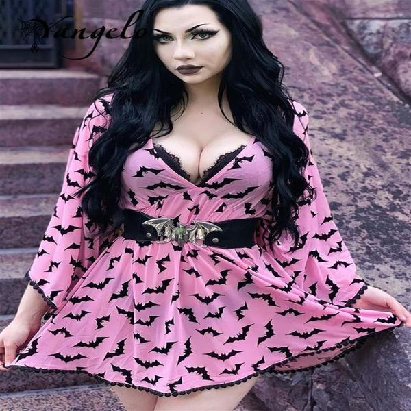 Повседневные платья Yangelo Fairy Grunge Женское розовое платье Сексуальное глубокое V-образным вырезом Готическое Эстетическое Элегантное платье для девочек с графикой Bat Party297V