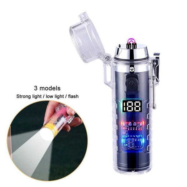 Feuerzeuge Wasserdichtes, über USB wiederaufladbares elektrisches Feuerzeug mit Taschenlampe, luxuriöse coole Gadgets, transparente Schale, Dual-ARC-Plasma-Feuerzeuge 04X7